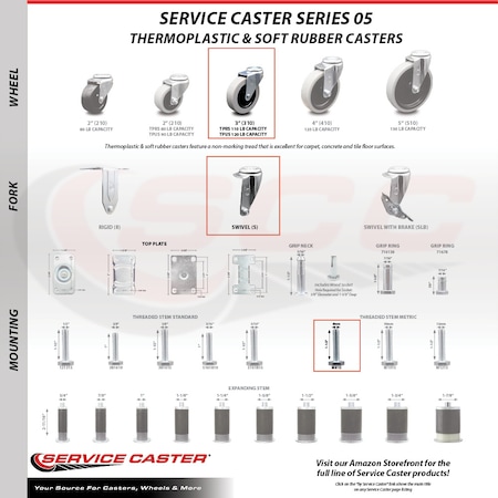 Service Caster 3 Inch Thermoplastic Rubber Wheel 8mm Threaded Stem Caster SCC, 4PK SCC-TS05S310-TPRS-M815-4